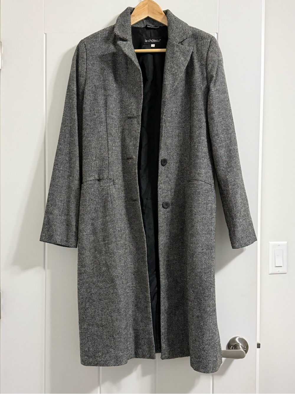 le chateau Gray Herringbone Wool Blend Long Coat